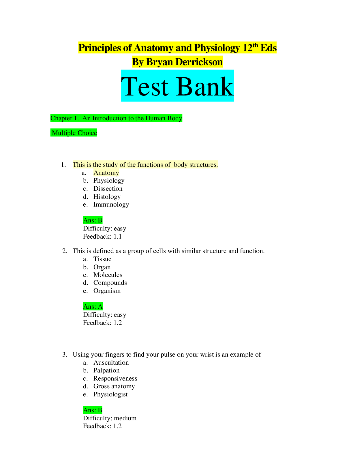 Preview image for Principles of Anatomy and Physiology 12th Eds By Bryan Derrickson Test Bank